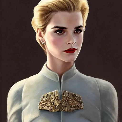 Image similar to A combination of Grace Kelly's and Emma Watson's and Ashley Greene's appearances with blonde hair wearing Master Chief's armor, full body portrait, western, D&D, fantasy, intricate, elegant, highly detailed, digital painting, artstation, concept art, matte, sharp focus, illustration, art by Donato Giancola and James Gurney