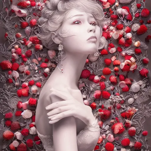 Image similar to the portrait of an absurdly beautiful, graceful, elegant, sophisticated, fashionable woman made of strawberries and white petals looking down, an ultrafine hyperdetailed illustration by kim jung gi, irakli nadar, intricate linework, bright colors, octopath traveler, final fantasy, unreal engine 5 highly rendered, global illumination, radiant light, detailed and intricate environment