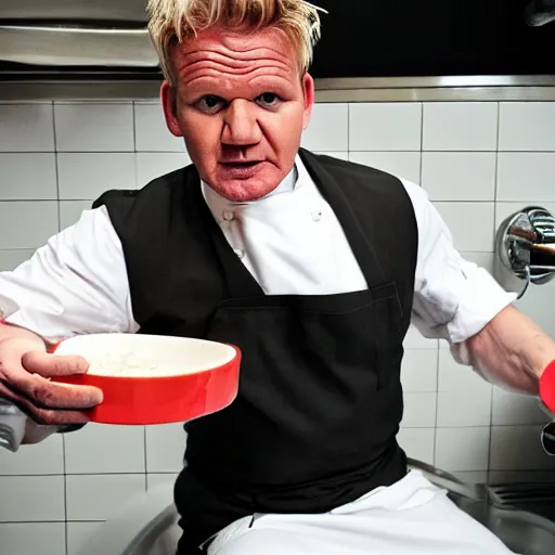 Image similar to gordon ramsay eating steak from a toilet