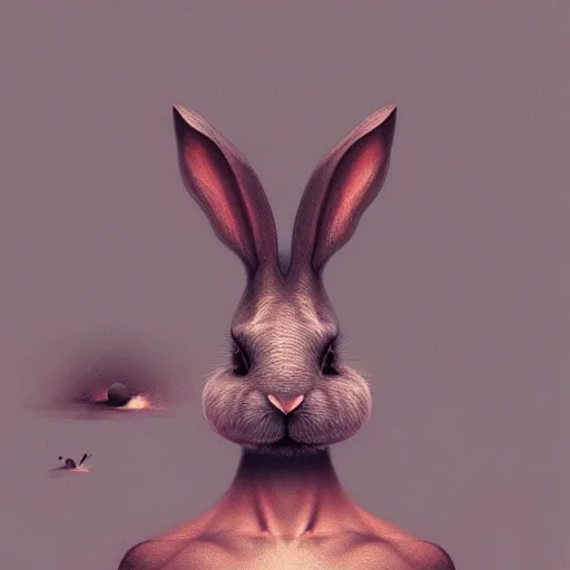 Prompt: rabbit that looks like steve jobs, by zdzislaw beksinski, by tiffany bozic, cold hue's, warm tone gradient background, concept art, beautiful composition, digital painting