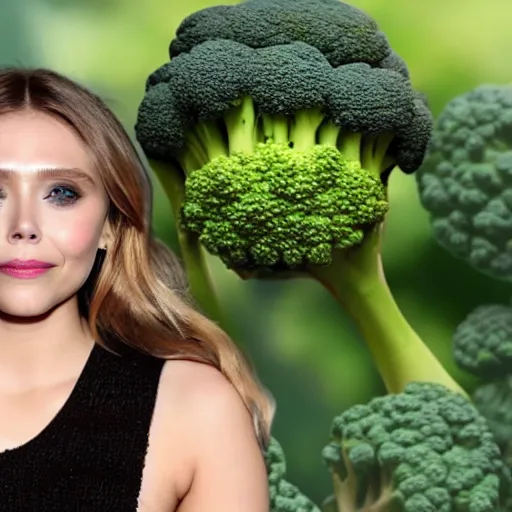 Image similar to elizabeth olsen with a [ head made of broccoli ]!!, trending on cgsociety, 4 k quality, intricate