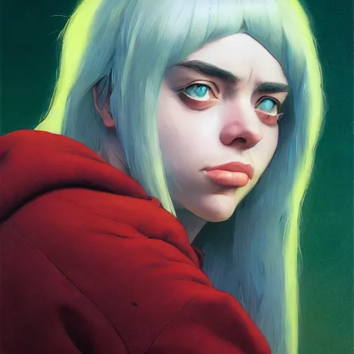 Image similar to 4k headshot of thicc Billie Eilish from Macfarlane comics, killing with green fire by Craig Mullins, ilya kuvshinov, krenz cushart, epic , artgerm trending on artstation by Edward Hopper and Dan Mumford and WLOP and Rutkovsky, beksinski carl spitzweg moebius and tuomas kocar, intricate artwork by caravaggio, Unreal Engine 5, Lumen, Nanite , 4K headshot of godlike clown with defined arms and open hands and bloody clothes with giant mandala wings , intricate face , flawless anime cel animation by Kentaro Miura, psychedelic , highly detailed upper body , professionally post-processed , beautiful, scary, symmetry accurate features, epic, octane rendered, anime masterpiece, accurate