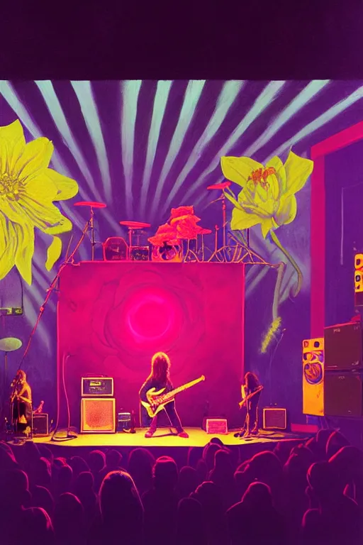 Prompt: the velvet underground and nico playing live on stage at a night club, beautiful stage decoration with flowers in the background, painting by simon stalenhag, very detailed and colorful and toned down and ornamental and moody and cool and relaxed and high on drugs, trending on artstation, behance contest winner