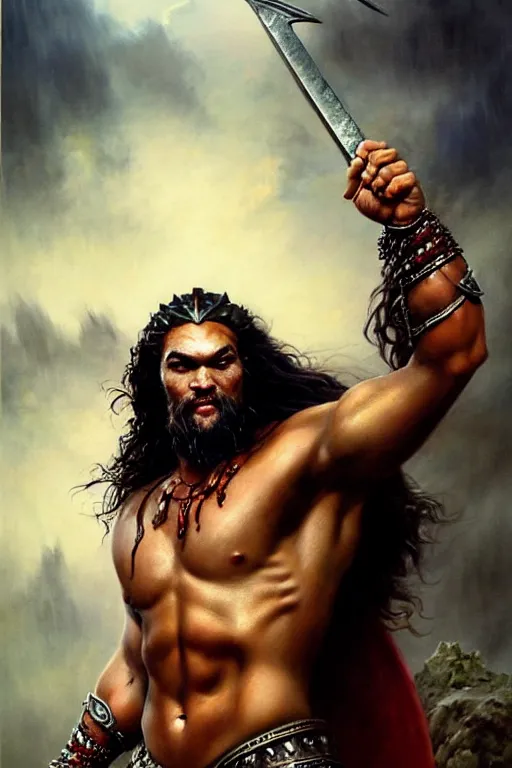 Image similar to beautiful portrait oil painting, jason momoa conan the barbarian thor standing on a rocky hill, wearing a warrior king crown and royal crimson fantasy ornate spartan dragon scale armor, wet skin and hair, muscular!!!, battle action pose, frank frazetta, boris vallejo, greg rutkowski, beautiful cinematic light, low angle, greg rutkowski, high contrast