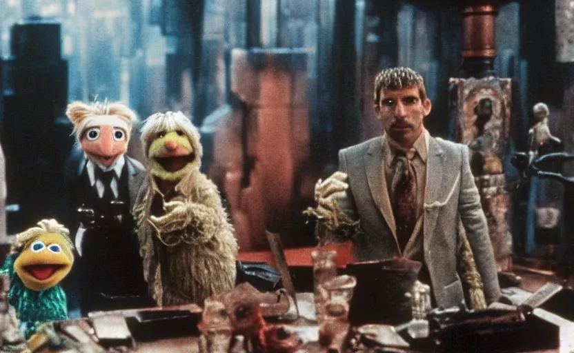 Prompt: a still of muppets in blade runner ( 1 9 8 2 ). highly detailed felt. hyper real photo. 4 k.