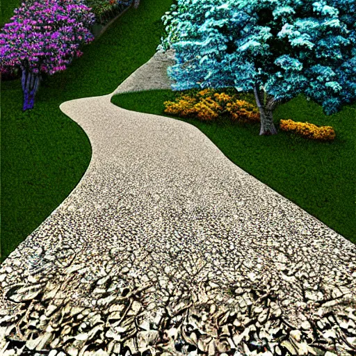 Image similar to blooming gravel path, house on a hill, digital art