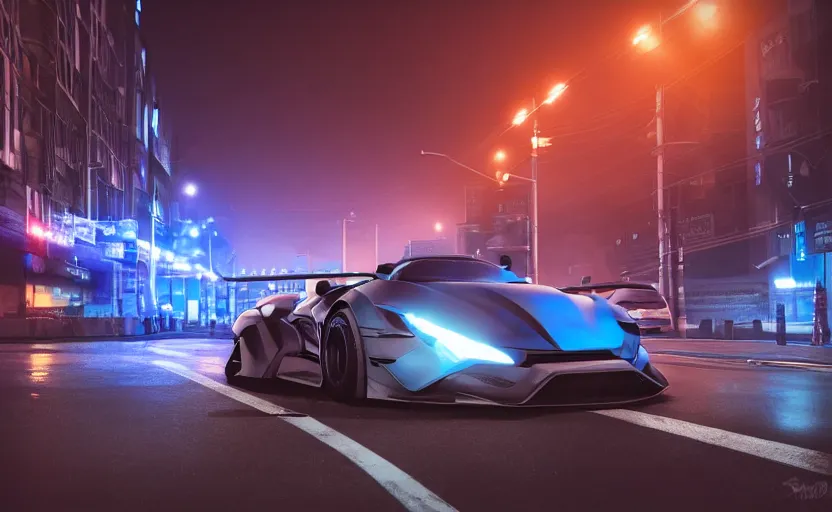 Prompt: a sport vehicle in the streets at night whit blue headlights on by Khyzyl Saleem, night time, heavy storm, atmospheric, artstaion, concept art, illustration, sharp focus, high detail, octane render, cyberpunk, game