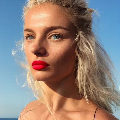 Image similar to photograph of an olive skinned blonde female model in her twenties, her hair pinned up, wearing a designer top, looking content, focused on her neck, photo realistic, luscious red lips, extreme detail skin, natural beauty, no filter, slr, golden hour, 8 k, high definition, selfie