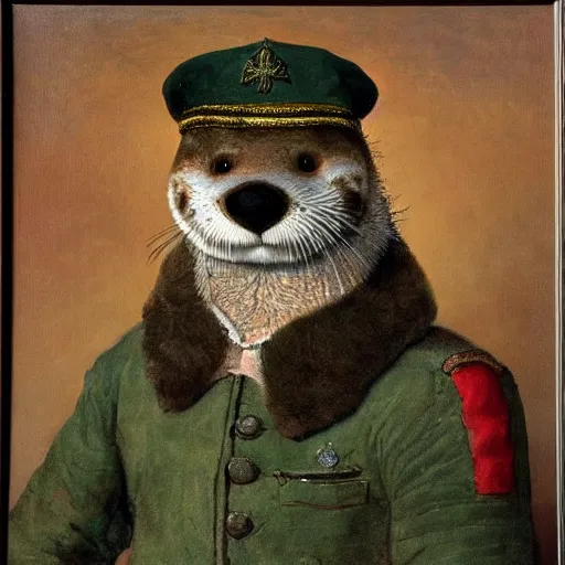 Prompt: oil painting of an anthropomorphic otter in military uniform, amazing detail, painted by rembrandt