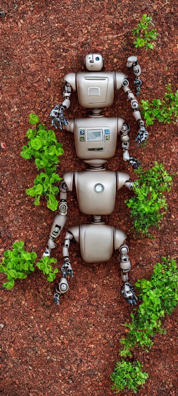 Image similar to award winning photo of modern robot body rusty and filled with plants, stunning, 4 k, detailed, top - down, realistic