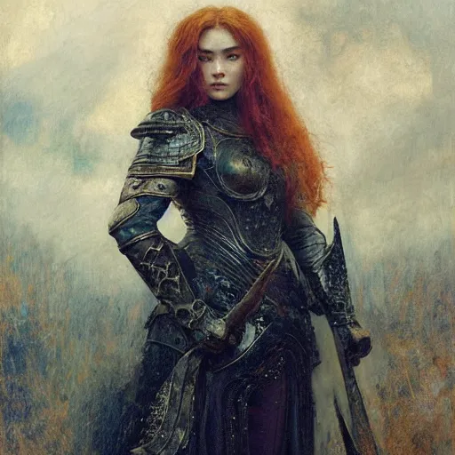 Image similar to young redheaded florence pugh, wearing dark black ornamented medieval armour, detailed, by gaston bussiere, bayard wu, greg rutkowski, giger, maxim verehin, greg rutkowski, masterpiece, sharp focus,