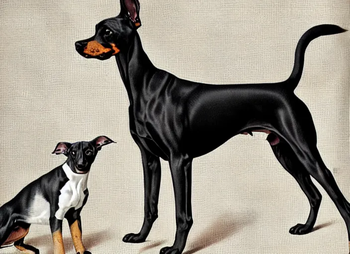 Prompt: pattern dobermage puppies, blackskulls, elegant, dark matte, nsanely detailed and intricate, hypermaximalist, elegant, ornate, hyper realistic, super detailed , by James Audubon