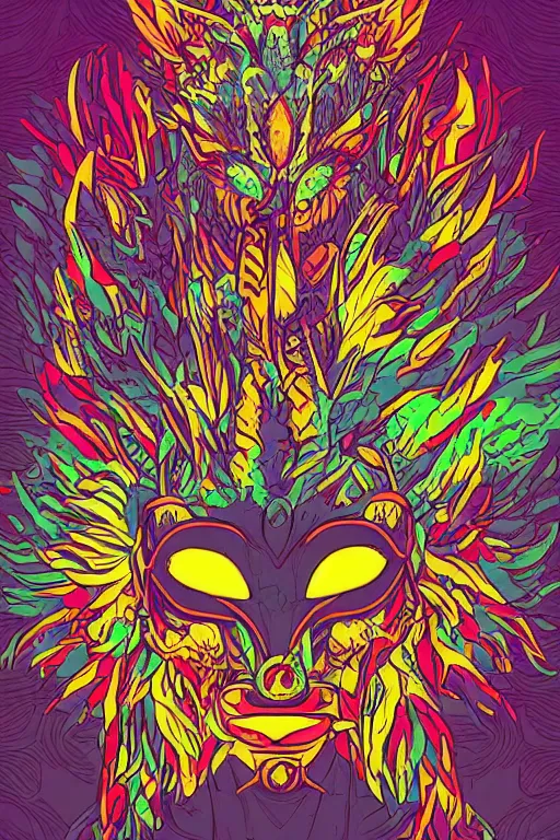 Image similar to animal mask totem roots flower tribal feather gemstone plant wood rock shaman vodoo video game vector cutout illustration vivid multicolor borderlands comics by josan gonzales and dan mumford radiating a glowing aura