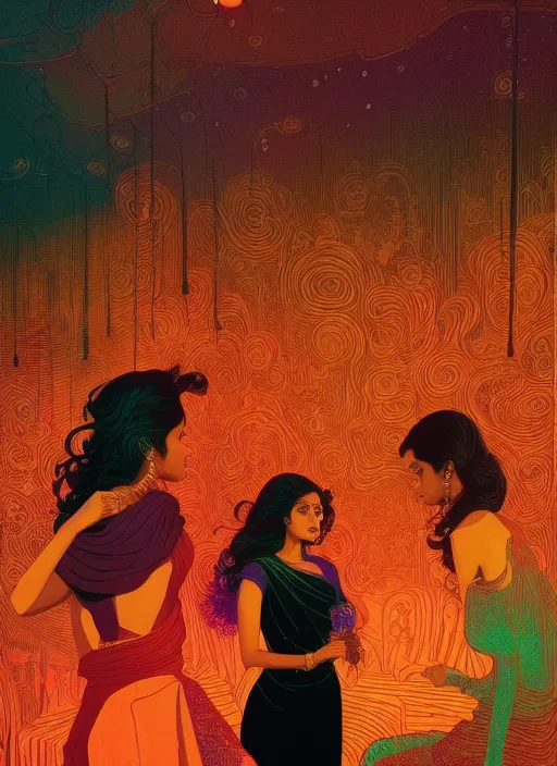 Prompt: sensual beautiful indian girls wearing western little black dresses at a bar, epic scene, by victo ngai, kilian eng vibrant colours, dynamic lighting, digital art, winning award masterpiece, fantastically beautiful, illustration, aesthetically inspired by beksinski and dan mumford, trending on artstation, art by greg rutkowski, 8 k