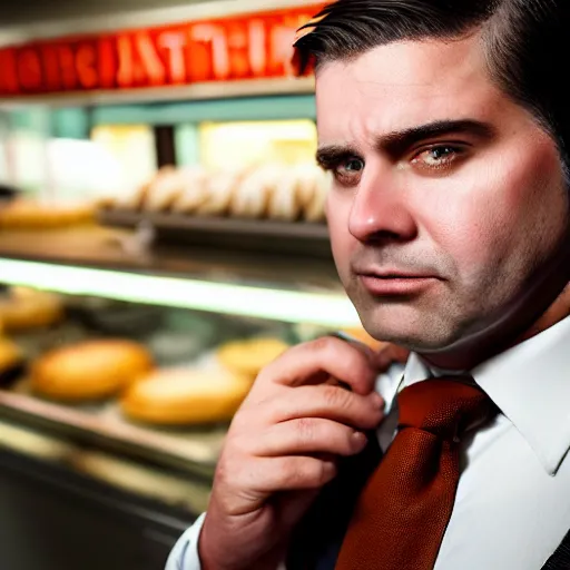 Image similar to Close up portrait of a clean-shaven chubby man with long hair wearing a brown suit and necktie with a bakery in the background. Photorealistic. Award winning. Dramatic lighting. Intricate details. UHD 8K. He looks guilty.