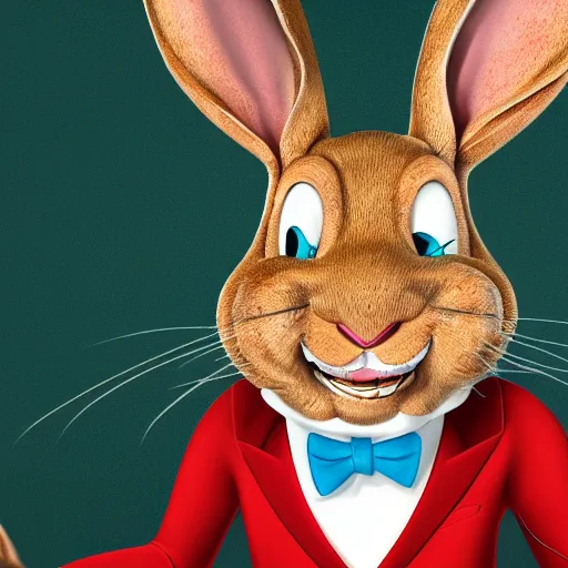 Image similar to A extremely highly detailed majestic hi-res beautiful, highly detailed head and shoulders portrait of a scary terrifying creepy cartoon rabbit evil smiling standing up wearing pants and a shirt in the style of Walt Disney animation