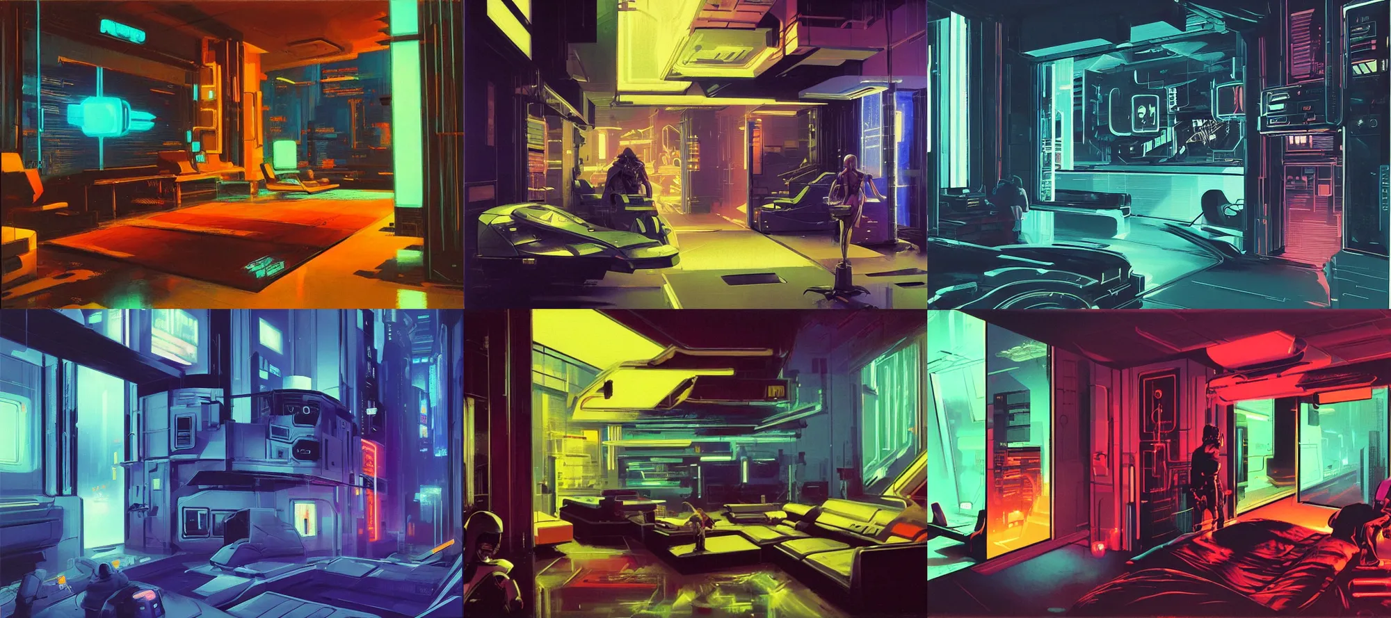 Prompt: cyberpunk bedroom at night, neon lighting, sci - fi concept art, by syd mead, highly detailed, oil on canvas