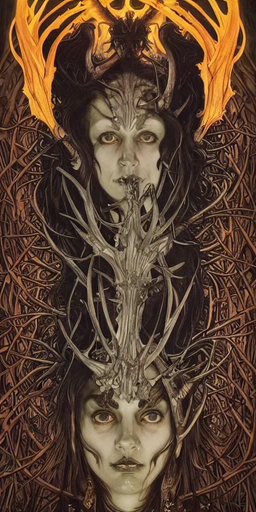 Prompt: intense glowing black metal pagan god with antlers and intense glowing eyes with a goat skull in very dark forest by karol bak and josan gonzales and moebius and alphonse mucha, portrait, studio muti, malika favre, rhads, makoto