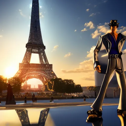 Image similar to a 3 d render of jotaro kujo next to the eiffel tower, hyper - detailed, unreal engine 5, beautiful, the sun is rising, ultra - realistic