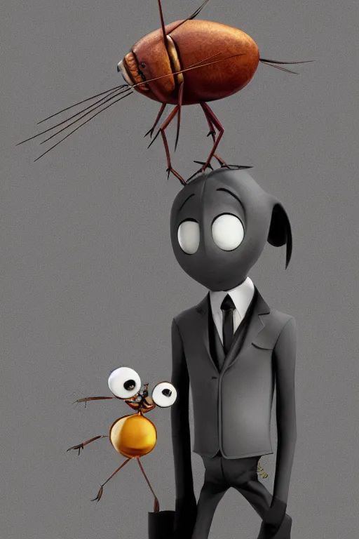 Prompt: full body shot of a thin anthropomorphic cockroach with big eyes wearing a suit with a tie, with long thin antennae, trending on artstation, trending on deviantart ,backlighting, 8k, hyper detail illustration, symmetrical, correct proportions, 3d render, by tim schafer, vibrant colors, by tim burton, studio ghibli, disney studios