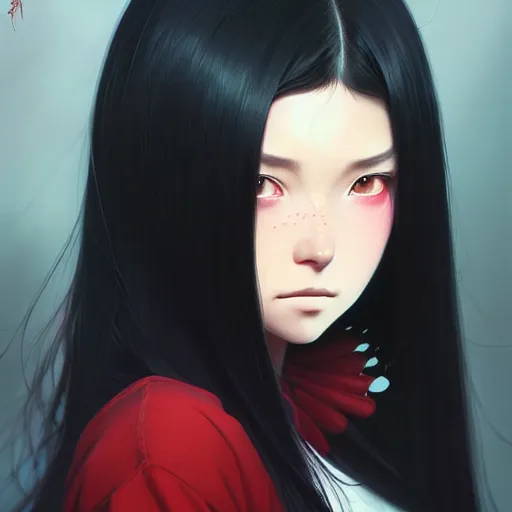 Prompt: a beautiful girl with long black hair and red eyes, sharp focus, intricate, digital painting, artstation, highly detailed, ambient lighting, portrait by Studio Ghibli, Rossdraws, artgerm, Ilya Kuvshinov, and Greg Rutkowski