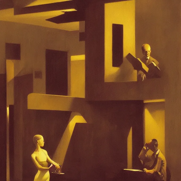 Image similar to i know who I am at the jazz club, Edward Hopper and James Gilleard, Zdzislaw Beksinski, Steven Outram highly detailed
