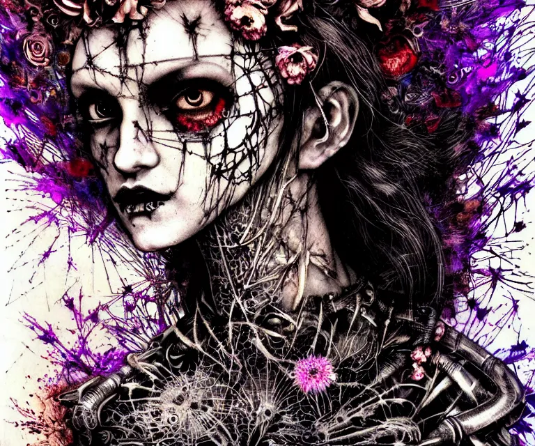 Image similar to gothic mute hybrid cyborg warrior girl of flowers, cybor clothes shaping love!, freedom fighter, eerie, cinematic, epic, 8 k, ultra realistic,. | a psychedelic, illustration by albrecht durer, concept art in style of carne griffiths artwork by xsullo. | backround of beautiful floweres floatingby elson, peter kemp, peter