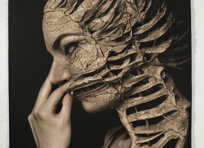 Image similar to a woman's face in profile, made of leaf skeleton, in the style of the Dutch masters and Gregory Crewdson, dark and moody