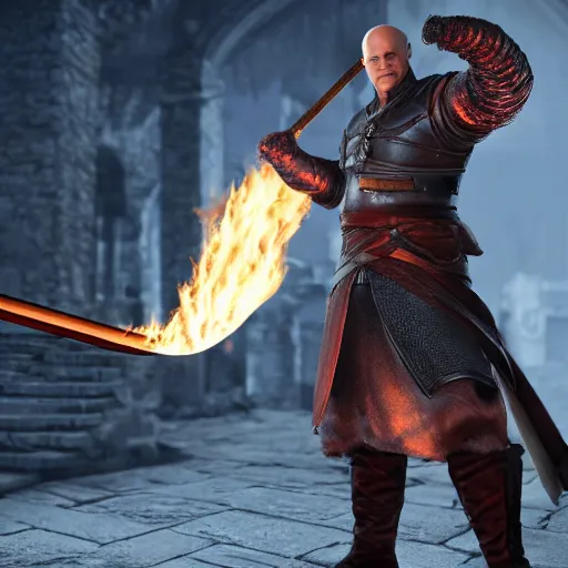 Image similar to mr clean holding a huge flaming sword, 4 k, realistic, dark souls