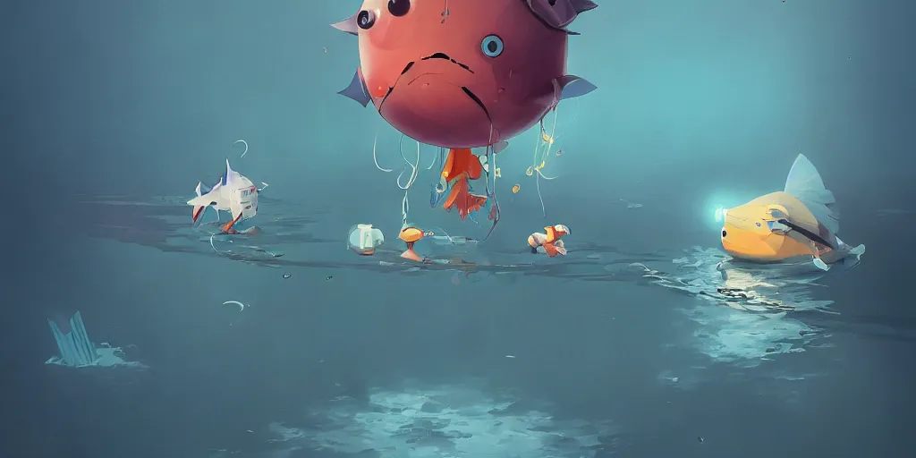 Prompt: cute anime fish by Goro Fujita and Simon Stalenhag and Banksy and Hieronymous Bosch, 8k, trending on artstation, hyper detailed, cinematic