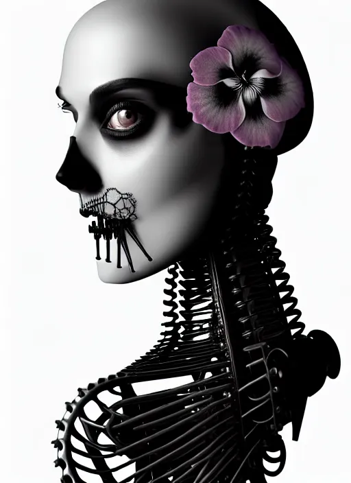 Prompt: 1 9 3 0 black and white dreamy foggy gothic masterpiece profile face portrait, one steampunk eye biomechanical beautiful young female cyborg - robot, body ribs meshes, big monocular, volumetric light, hibiscus flowers, by hg giger, rim light, big gothic fashion pearl embroidered collar, 8 k