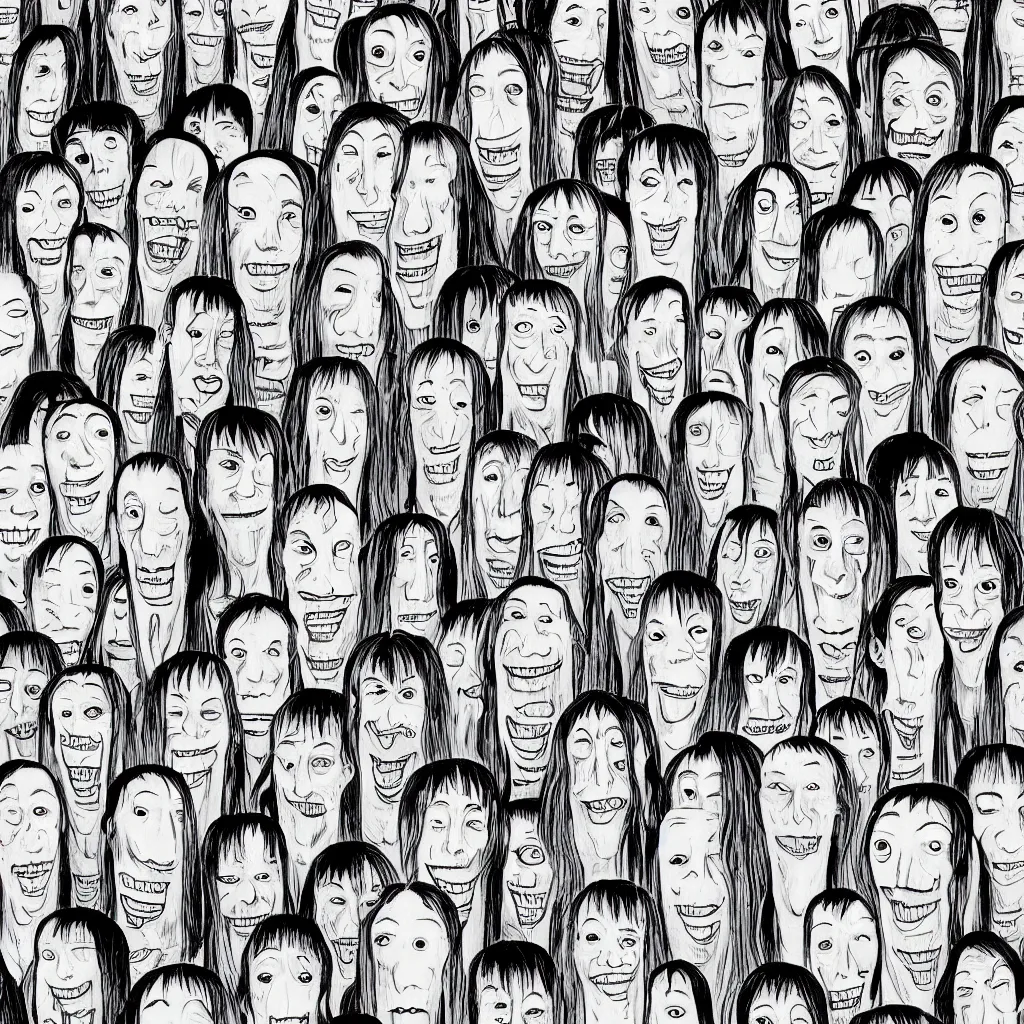 Prompt: portrait photo of a human with an absurdly long face and multiple sets of mouths stacked on top of each other, illustrated by junji ito