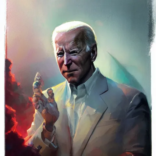 Image similar to god emperor joe biden in the style of craig mullins, greg rutkowski, peter mohrbacher, and drew struzan. epic, majestic, awe inspiring, god rays, fissures, divine, church painting, intricate armor, extreme detail, high octane,