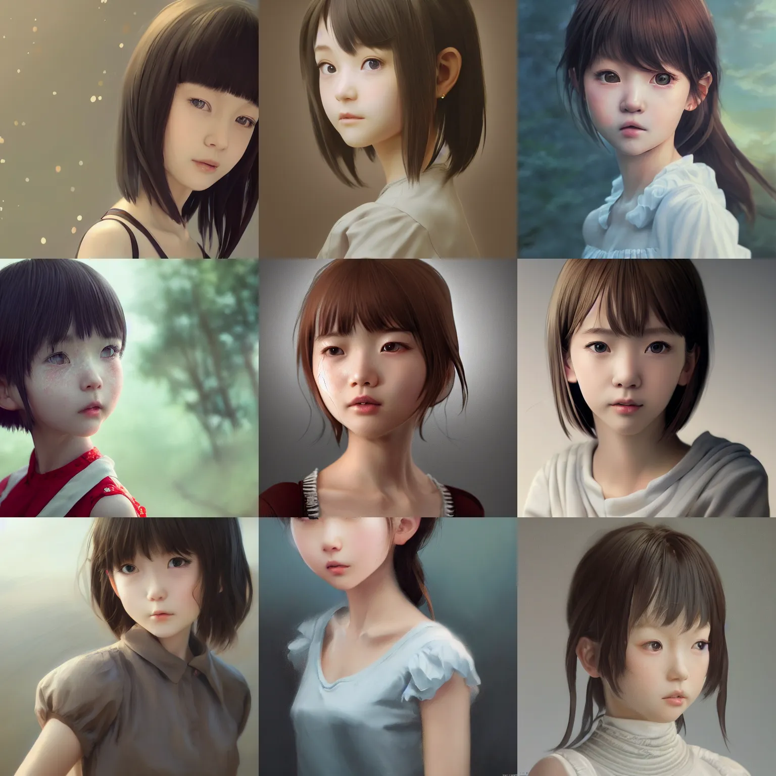 Prompt: realistic style at CGSociety by WLOP,ilya kuvshinov,krenz cushart,Greg Rutkowski,trending on artstation.Zbrush sculpt colored,Octane render in Maya,Houdini VFX.Realistic close-up face,cute young Japanese girl,expressing joy,wearing dress,silky hair, deep eyes.Oil painting.Cinematic dramatic atmosphere,sharp focus,soft volumetric studio lighting.