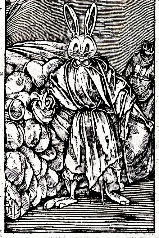 Prompt: bugs bunny of the apocalypse, pen and ink illustration / renaissance woodcut by albrecht durer 1 4 9 6, 1 2 0 0 dpi scan, ultrasharp detail, hq scan, intricate details, stylized border