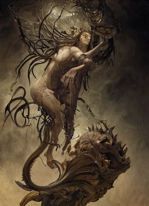 Image similar to manticore foreteller, physically accurate, moody dynamic lighting, very very intricate, very very elegant, highly detailed, digital painting, artstation, HR GIGER, Hieronymus Bosch, Francis Bacon, concept art, smooth, very beautiful, sharp focus, illustration, art by artgerm and greg rutkowski and alphonse mucha