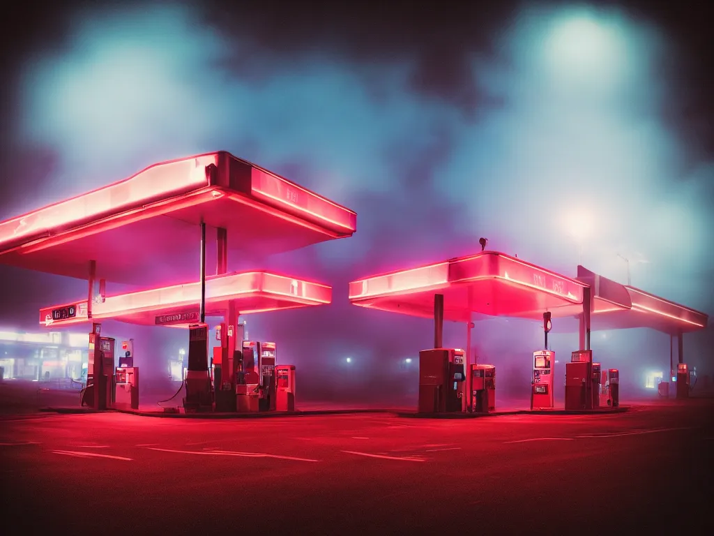 Image similar to “photography of gas station , fog, blue and red lights, night, mood, atmospheric, full of colour, digital photography”