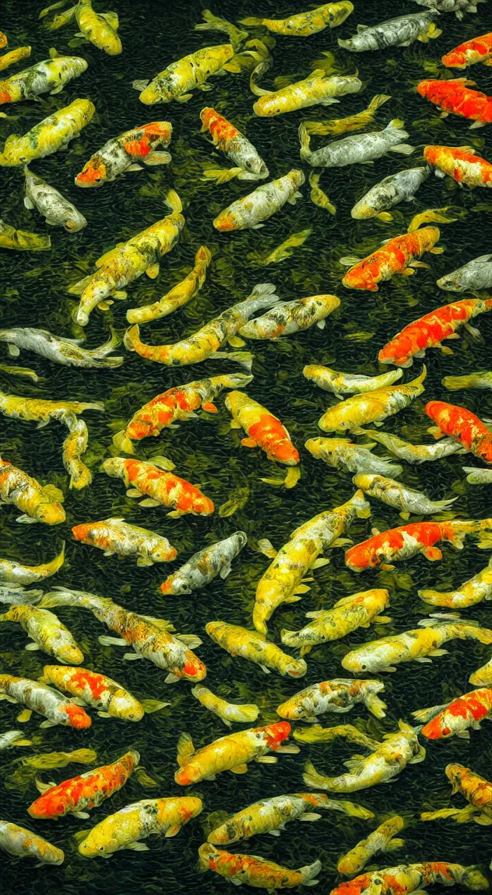 Prompt: a photograph of a Pond filled with Xenomorph skin Koi fish, dim volumetric lighting, lime green lighting, in style of H.R Giger, grainy, 50mm film, noise, sharp focus, motion, high exposure, hd, 8k resolution