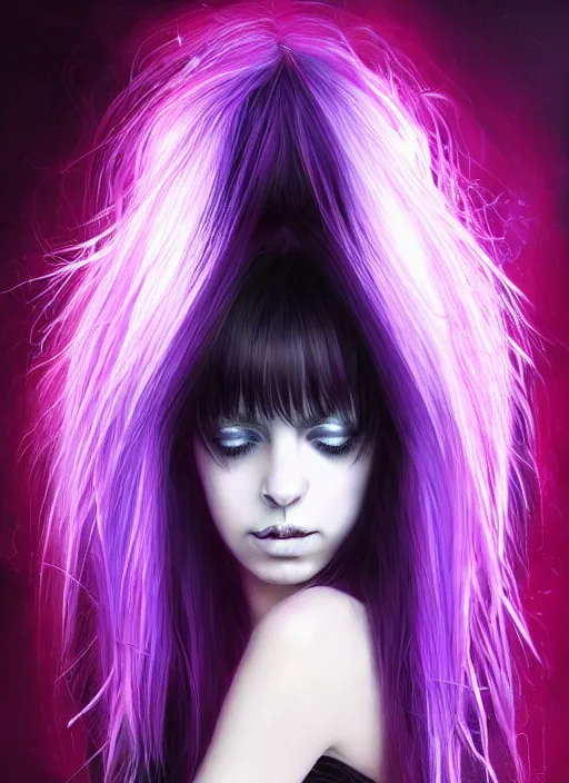 Image similar to hair whitebangs hair, black cyberlox, portrait of teenage girl with white bangs, whitebangsblackhair, messy bangs, cyberlox, whitebangs, red irises, purple clothes, intricate, elegant, glowing lights, highly detailed, digital painting, artstation, concept art, sharp focus, illustration, art by wlop, mars ravelo and greg rutkowski