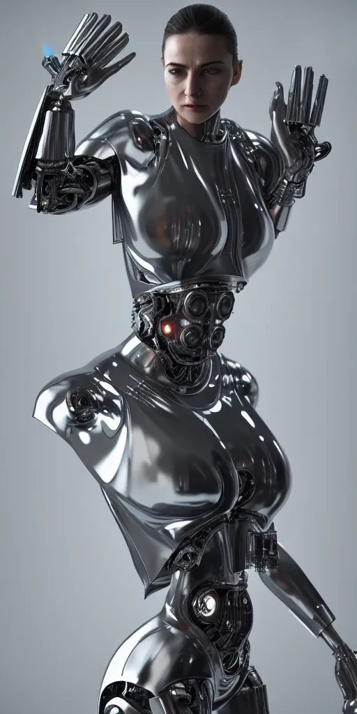 Prompt: hyper realistic symbiosis, kim kadarshian as female cyborg, glossy material surface, body armour, octane render, 4 k, volumtric lights