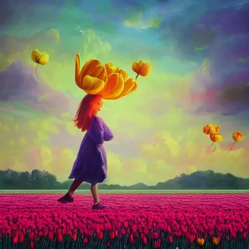 Prompt: large tulip as a head, girl walking in a flower field, surreal photography, sunrise dramatic light, impressionist painting, colorful clouds, digital painting, artstation, simon stalenhag