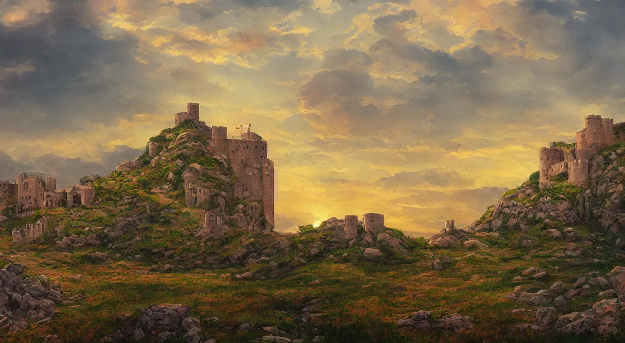 Prompt: a landscape painting of a byzantine castle, trending on artstation