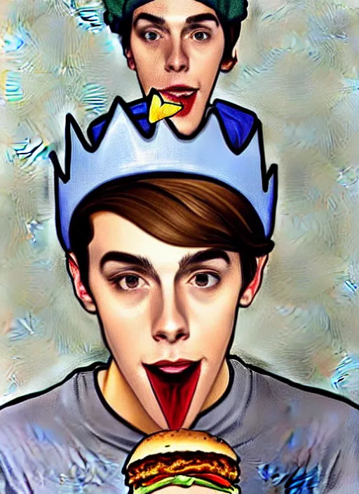 Prompt: oil painting, teenage jughead jones, wears a light grey crown, and devours a hamburger, wearing a light grey crown, crown has a red circle button and a white rectangle button on it, intricate, elegant, highly detailed, pinocchio nose, lighting, painting, artstation, smooth, illustration, art by greg rutowski and alphonse mucha