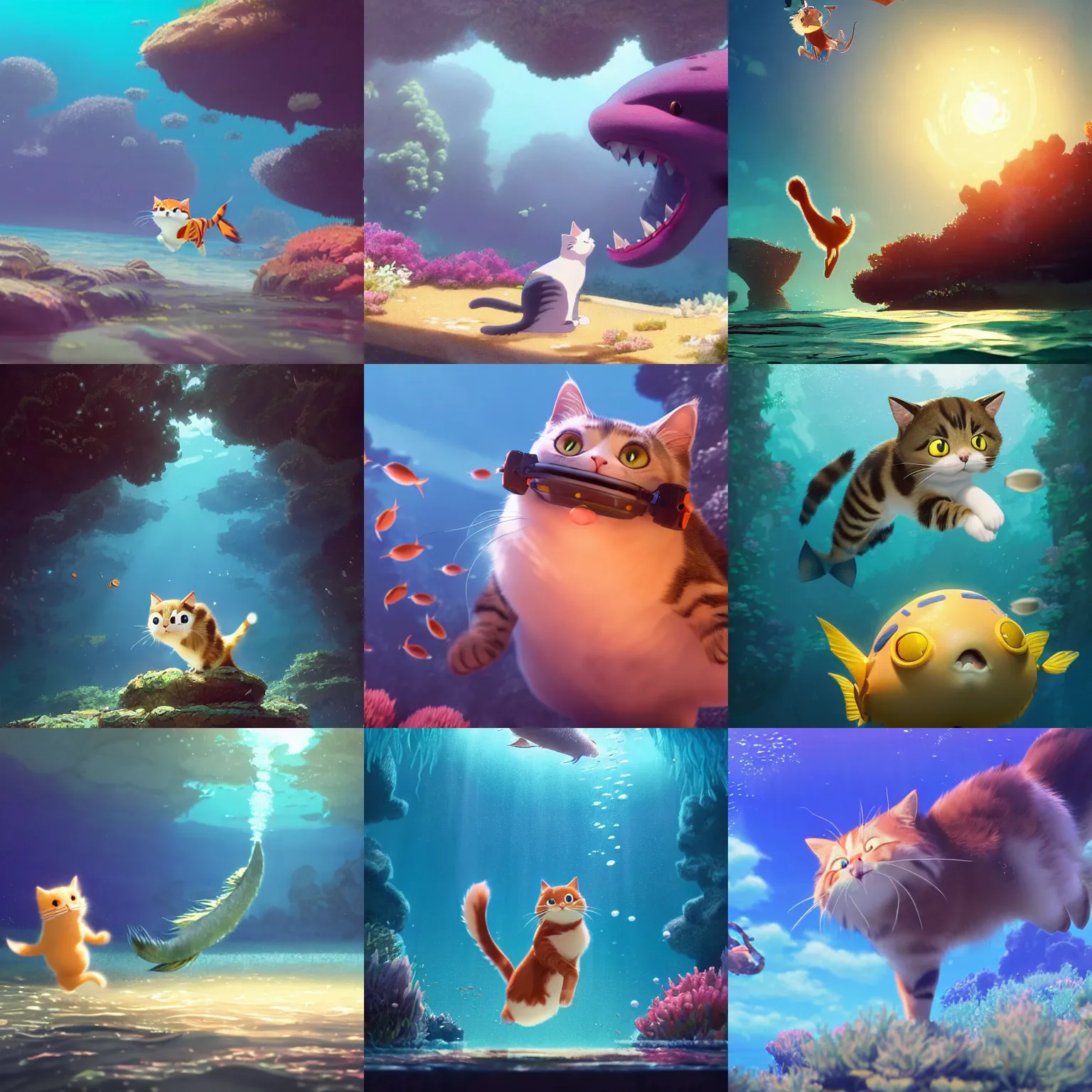 Prompt: a wholesome animation key shot of a cute cat is doing underwater diving and chasing a big fish, studio ghibli, pixar and disney animation, sharp, rendered in unreal engine 5, anime key art by greg rutkowski, bloom, dramatic lighting