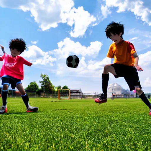 Prompt: kids playing soccer, anime