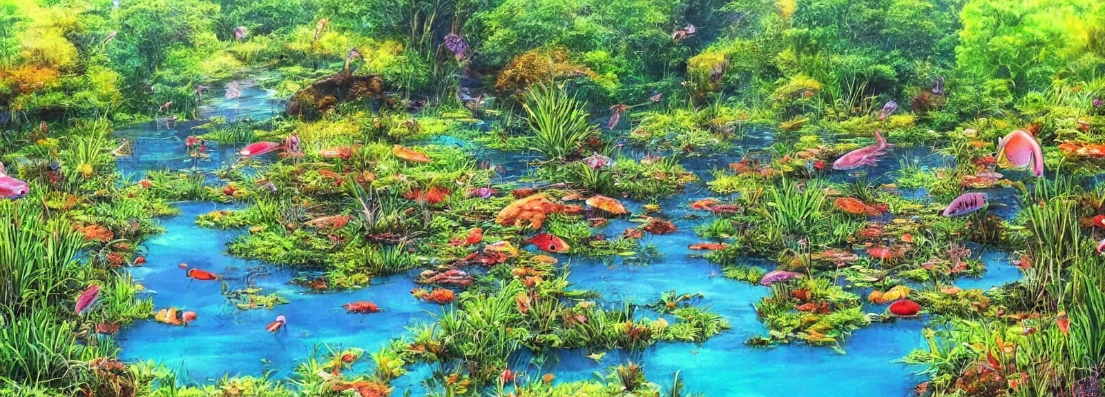 Prompt: romantic colorful nature scene, many ponds, prehistoric fish, lush alien vegetation