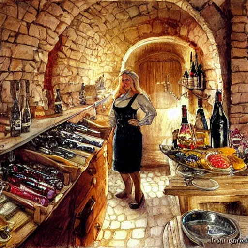 Image similar to hot blonde working in a wine cellar, food, pork, beer, schnapps, rustic, traditional, torches on the wall, watercolor by vladimir volegov and carl larsson