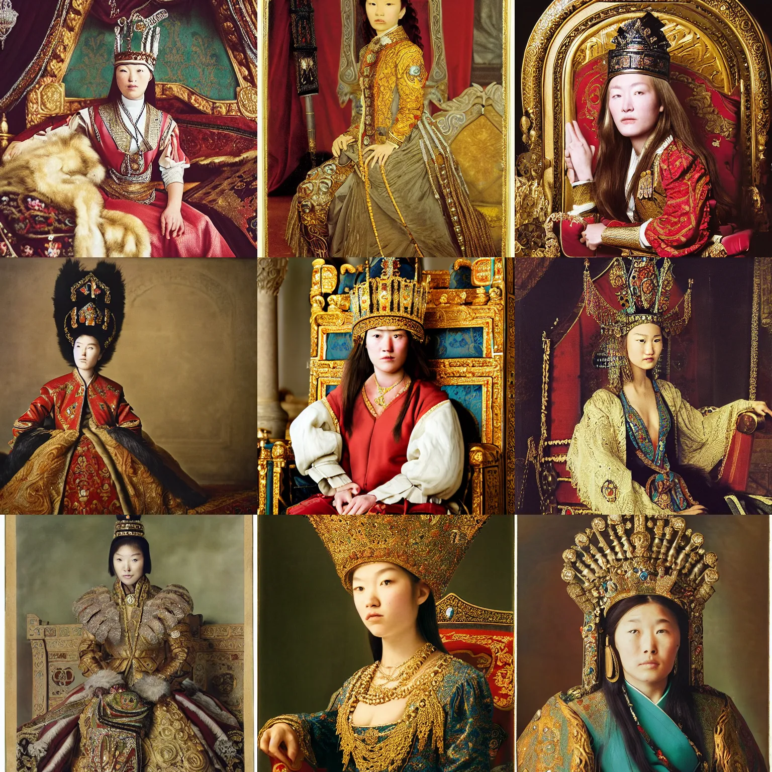 Prompt: A young woman as Genghis Khan, sitting on a throne, interior of Buckingham Palace, lavishly decorated, ornate, 1683, alternate history, detailed closeup of her face and shoulders, by Annie Leibovitz