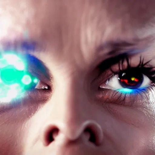 Image similar to an angry looking woman with lasers beams coming from her eyes giving her husband the look