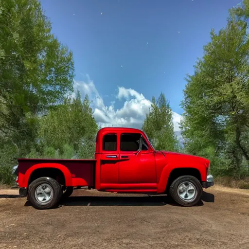 Prompt: a red truck with pokey dots all over it, chrome red